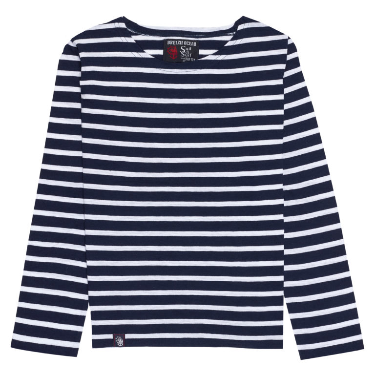 marinière-enfant-manches-longues-jersey-rayé-léger-col-bateau-marine-blanc-breizhocean-groix-face