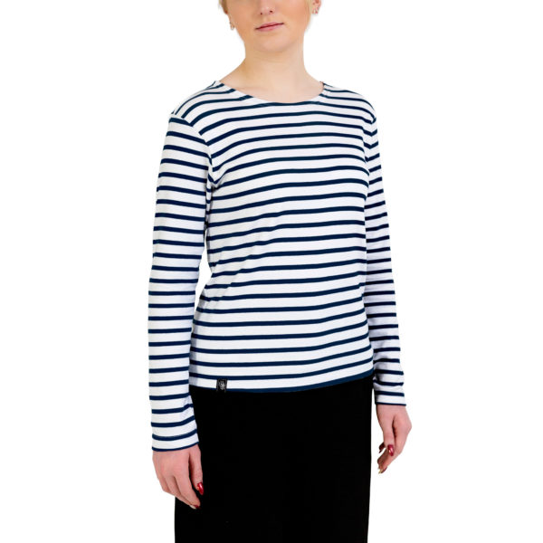 Marinière_manches_longues_vêtement_femme_blanc_marine_guer_breizhocean_face_photo_femme
