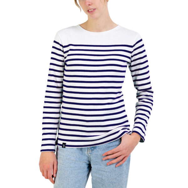 marinière_blanc_marine_manches_longues_piriac_breizhocean_face_photo_femme