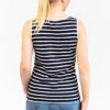 Débardeur marinière femme, Marine Blanc, Breizh Océan, Andel. Débardeur marinière, boutonné, coton léger, vêtement marin, vue de dos.
