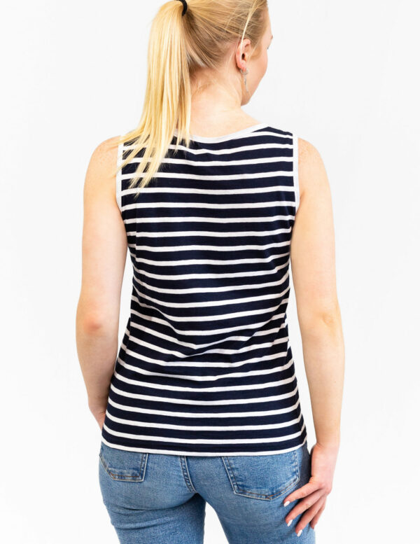 Débardeur marinière femme, Marine Blanc, Breizh Océan, Andel. Débardeur marinière, boutonné, coton léger, vêtement marin, vue de dos.