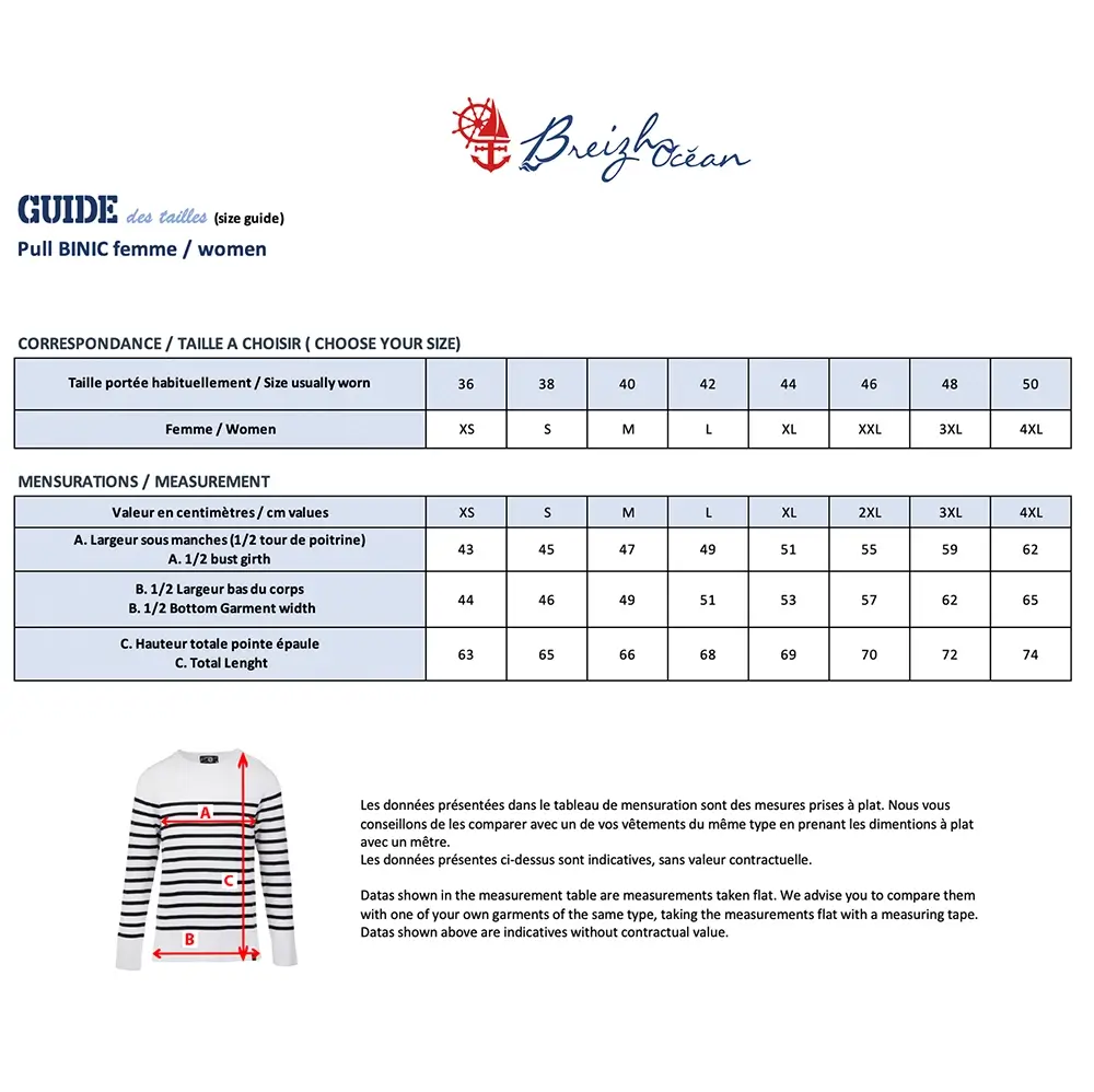 Tableau des tailles Binic