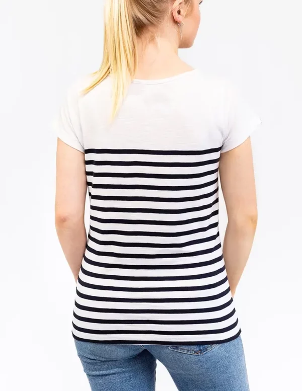Marinière légère femme, Blanc Marine, Breizh Océan, Malo. Marinière femme, coupe droite, 100% coton léger, vêtement marin, vue de dos.