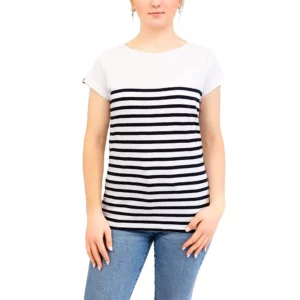 Marinière femme à rayures placées manches courtes, Blanc Marine, Breizh Océan, Malo. Marinière femme, coupe droite, 100% coton léger, vêtement marin, vue de face.