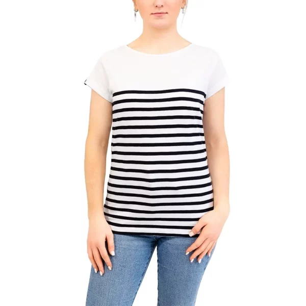 Marinière femme à rayures placées manches courtes, Blanc Marine, Breizh Océan, Malo. Marinière femme, coupe droite, 100% coton léger, vêtement marin, vue de face.