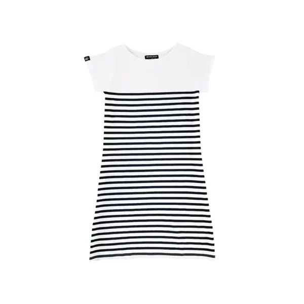 Robe femme, Blanc Marine, Breizh Océan, Quimper. Robe marinière, coupe droite, 100% coton, vetement marin, vue de face.