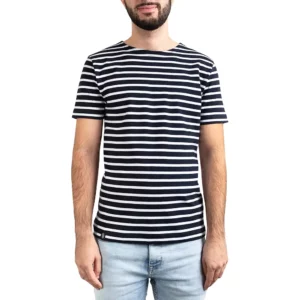 Marinière homme en coton épais, Marine Blanc, Breizh Océan, Garlan. Tee shirt rayé épais, manches courtes, coton bio vêtement marin, vue de face.
