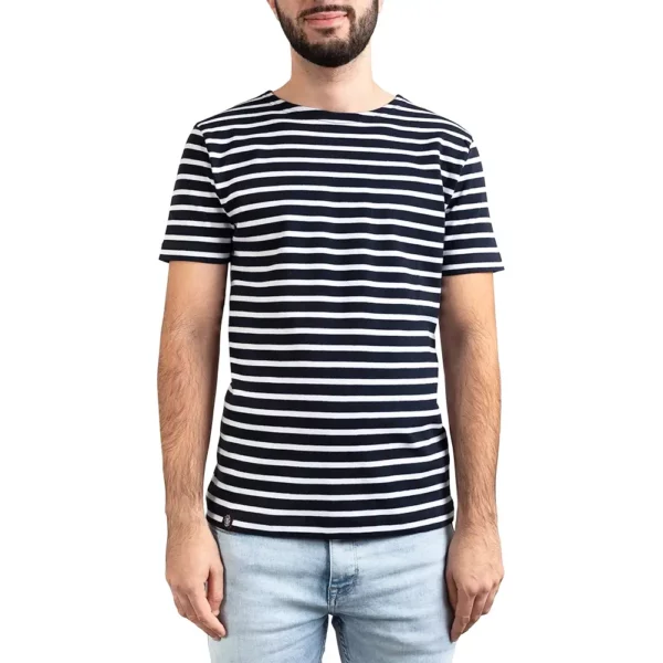 Marinière homme en coton épais, Marine Blanc, Breizh Océan, Garlan. Tee shirt rayé épais, manches courtes, coton bio vêtement marin, vue de face.