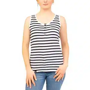 Débardeur marinière femme, Blanc Marine, Breizh Océan, Andel. Débardeur marinière, boutonné, coton léger, vêtement marin, vue de face.