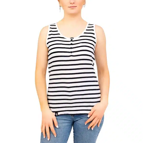 Débardeur marinière femme, Blanc Marine, Breizh Océan, Andel. Débardeur marinière, boutonné, coton léger, vêtement marin, vue de face.