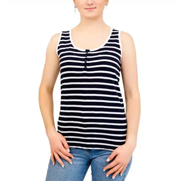 Débardeur marinière femme, Marine Blanc, Breizh Océan, Andel. Débardeur marinière, boutonné, coton léger, vêtement marin, vue de face.