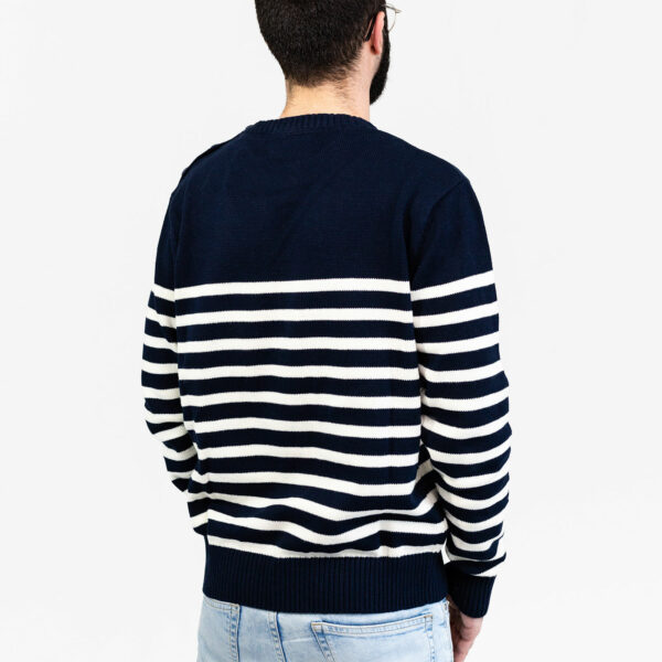 Pull marin homme, Marine Ecru, Breizh Océan, Bono. Pull rayé, boutons sur l'épaule, vêtement marin, vue de dos.