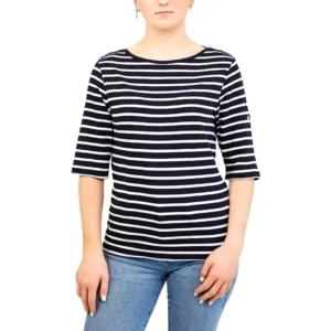 Marinière femme, Marine Blanc, Breizh Océan, Brehat. Marinière manches 3/4, coupe ajustée, vêtement marin, vue de face.