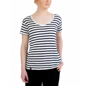 Marinière femme, Blanc Marine, Breizh Océan, Dinan. Marinière manches courtes en coton léger, vêtement marin, vue de face.