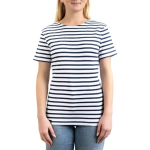 Marinière femme, Blanc Marine, Breizh Océan, DINARD. Tee-shirt rayé léger, manches courtes, coton bio vêtement marin, vue de face.