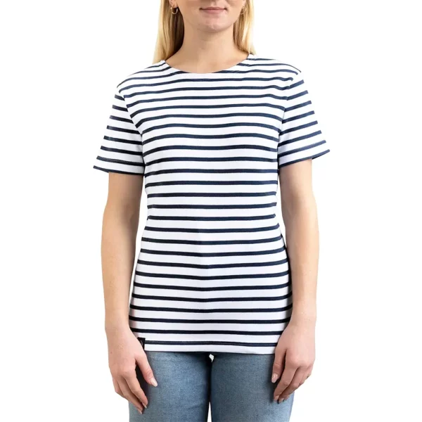 Marinière femme, Blanc Marine, Breizh Océan, DINARD. Tee-shirt rayé léger, manches courtes, coton bio vêtement marin, vue de face.