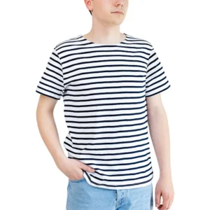 Marinière homme, Blanc Marine, Breizh Océan, DINARD. Tee-shirt rayé léger, manches courtes, coton bio vêtement marin, vue de face.
