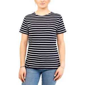 Marinière femme en coton épais, Marine Blanc, Breizh Océan, Garlan. Tee shirt rayé épais, manches courtes, coton bio vêtement marin, vue de face.