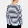 Marinière femme, Blanc Marine, Breizh Océan, Guer. Tee shirt rayé épais , manches longues, coton bio, vêtement marin, vue de dos.