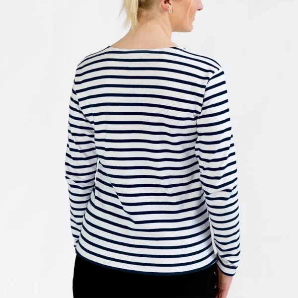 Marinière femme, Blanc Marine, Breizh Océan, Guer. Tee shirt rayé épais , manches longues, coton bio, vêtement marin, vue de dos.