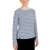 Marinière femme, Blanc Marine, Breizh Océan, Guer. Tee shirt rayé épais , manches longues, coton bio, vêtement marin, vue de face.