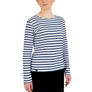 Marinière femme, Blanc Marine, Breizh Océan, Guer. Tee shirt rayé épais , manches longues, coton bio, vêtement marin, vue de face.