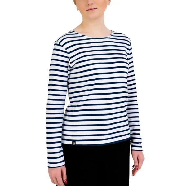 Marinière femme, Blanc Marine, Breizh Océan, Guer. Tee shirt rayé épais , manches longues, coton bio, vêtement marin, vue de face.