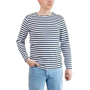 Marinière homme, Blanc Marine, Breizh Océan, Guer. Tee shirt rayé épais , manches longues, coton bio, vêtement marin, vue de face.