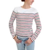 Marinière femme, Blanc Marine Rouge, Breizh Océan, Piriac. Manches longues, tee-shirt à rayures placées avec fils argentés, coton bio, vue de face.