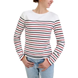 Marinière femme, Blanc Marine Rouge, Breizh Océan, Piriac. Manches longues, tee-shirt à rayures placées avec fils argentés, coton bio, vue de face.