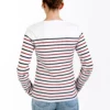Marinière femme, Blanc Marine Rouge, Breizh Océan, Piriac. Manches longues, tee-shirt à rayures placées avec fils argentés, coton bio, vue de dos.