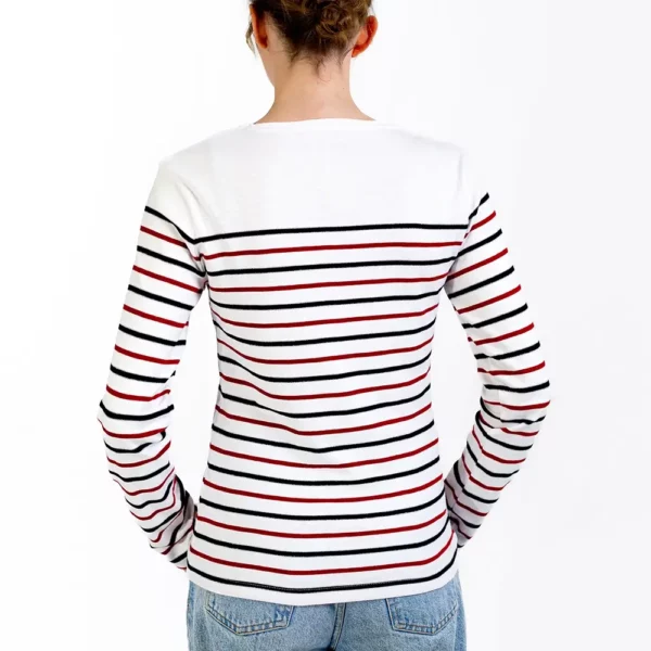 Marinière femme, Blanc Marine Rouge, Breizh Océan, Piriac. Manches longues, tee-shirt à rayures placées avec fils argentés, coton bio, vue de dos.