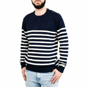 Pull marin homme, Marine Ecru, Breizh Océan, Bono. Pull rayé, boutons sur l'épaule, vêtement marin, vue de face.