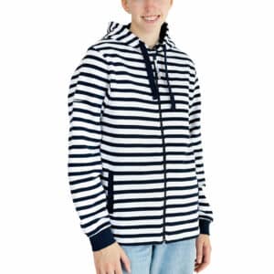 Sweat, rayé, blanc/marine, femme, Breizh Océan, Ambon, vue de dos.
