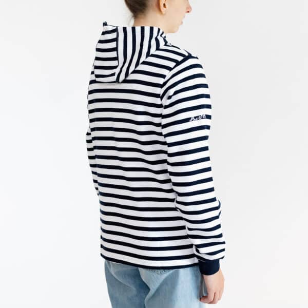 Sweat, rayé, blanc/marine, femme, Breizh Océan, Ambon, vue de dos.
