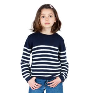 Pull marin fille, Marine Ecru, Breizh Océan, Bono. Pull rayé, boutons sur l'épaule, vêtement marin, vue de face.