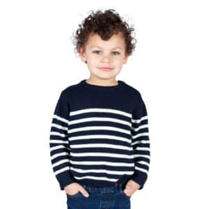 Pull marin garçon, Marine Ecru, Breizh Océan, Bono. Pull rayé, boutons sur l'épaule, vêtement marin, vue de face.