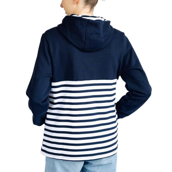 Sweat, semi-rayé marine/blanc, femme, Breizh Océan, Brest. Sweat à capuche, fermeture éclaire, molleton doux, coupe droite, vetement marin, vue de dos.