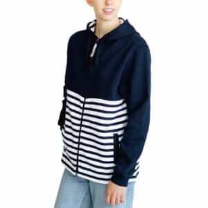 Sweat, semi-rayé marine/blanc, femme, Breizh Océan, Brest. Sweat à capuche, fermeture éclaire, molleton doux, coupe droite, vetement marin, vue de face.