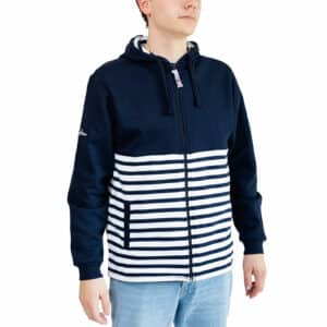 Sweat, semi-rayé marine/blanc, homme, Breizh Océan, Brest. Sweat à capuche, fermeture éclaire, molleton doux, coupe droite, vetement marin, vue de face.
