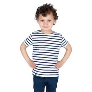 Marinière enfant, Blanc Marine, garçon, Breizh Océan, Garlan. Tee shirt rayé, manches courtes, vetement marin , coton bio, vue de face.