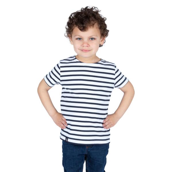 Marinière enfant, Blanc Marine, garçon, Breizh Océan, Garlan. Tee shirt rayé, manches courtes, vetement marin , coton bio, vue de face.