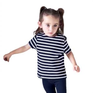Marinière enfant, Marine Blanc, fille, Breizh Océan, Garlan. Tee shirt rayé, manches courtes, vetement marin , coton bio, vue de face.