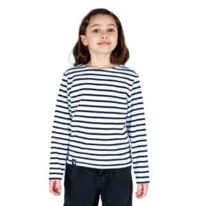 Marinière enfant, Blanc Marine, fille, Breizh Océan, Groix. Tee shirt rayé, manches longues, vetement marin, vue de face.
