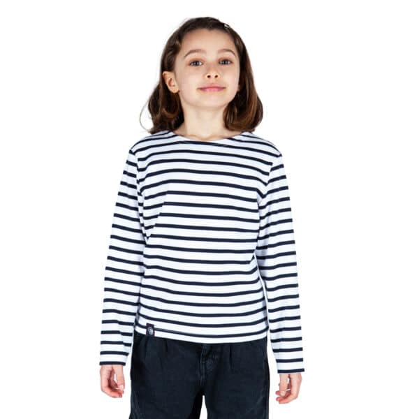 Marinière enfant, Blanc Marine, fille, Breizh Océan, Groix. Tee shirt rayé, manches longues, vetement marin, vue de face.