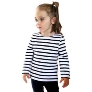 Marinière enfant, Blanc Marine, fille, Breizh Océan, Guer. Tee shirt, manches longues, vêtement marin, coton bio vue de face.