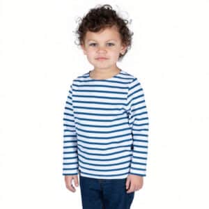 Marinière enfant, Blanc Jean, garçon, Breizh Océan, Guer. Tee shirt, manches longues, vêtement marin, coton bio vue de face.