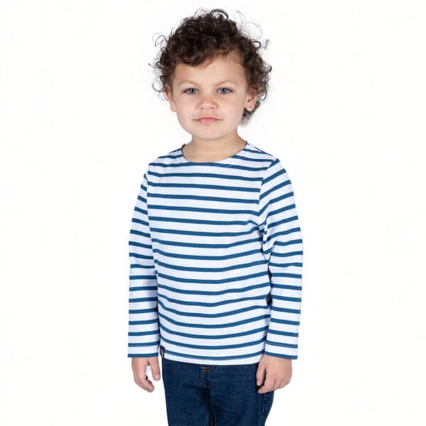 Marinière enfant, Blanc Jean, garçon, Breizh Océan, Guer. Tee shirt, manches longues, vêtement marin, coton bio vue de face.