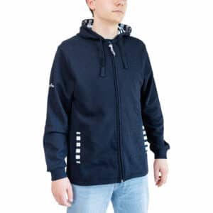 Sweat, marine, poches rayées, homme, Breizh Océan, Meen. Sweat zippé, molleton, coupe droite, vetement marin, vue de face.