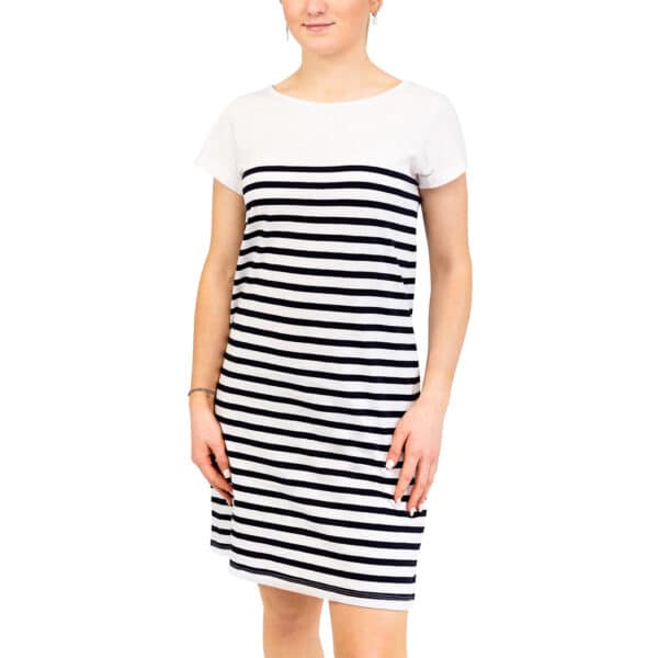 Robe femme, Blanc Marine, Breizh Océan, Quimper. Robe marinière, coupe droite, 100% coton, vetement marin, vue de face.